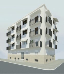 Render de edificio residencial con fachada blanca, balcones y protecciones solares