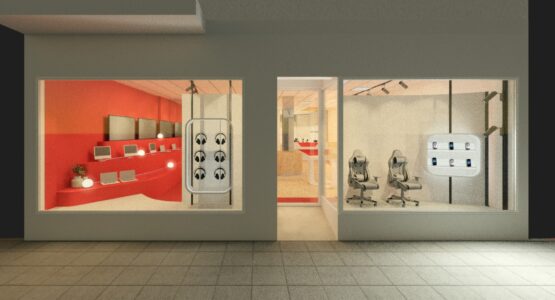 Diseño de local comercial con escaparates acristalados y exposición de productos tecnológicos