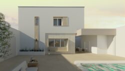 Proyecto de vivienda mediterránea con patio exterior, piscina y porche sombreado