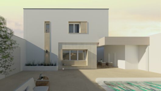 Proyecto de vivienda mediterránea con patio exterior, piscina y porche sombreado