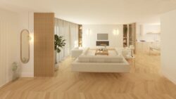 Diseño de salón con cocina abierta, acabados de madera, tonos neutros y espacios conectados
