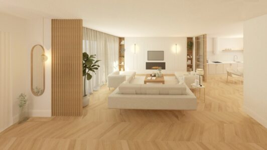 Diseño de salón con cocina abierta, acabados de madera, tonos neutros y espacios conectados